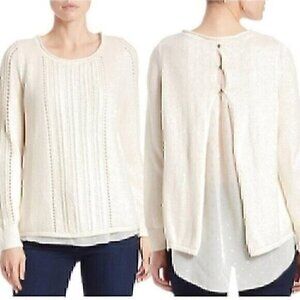 LUCKY BRAND Split Back Sweater Beige Cream Oatmeal Twofer Metallic Mixed Media S